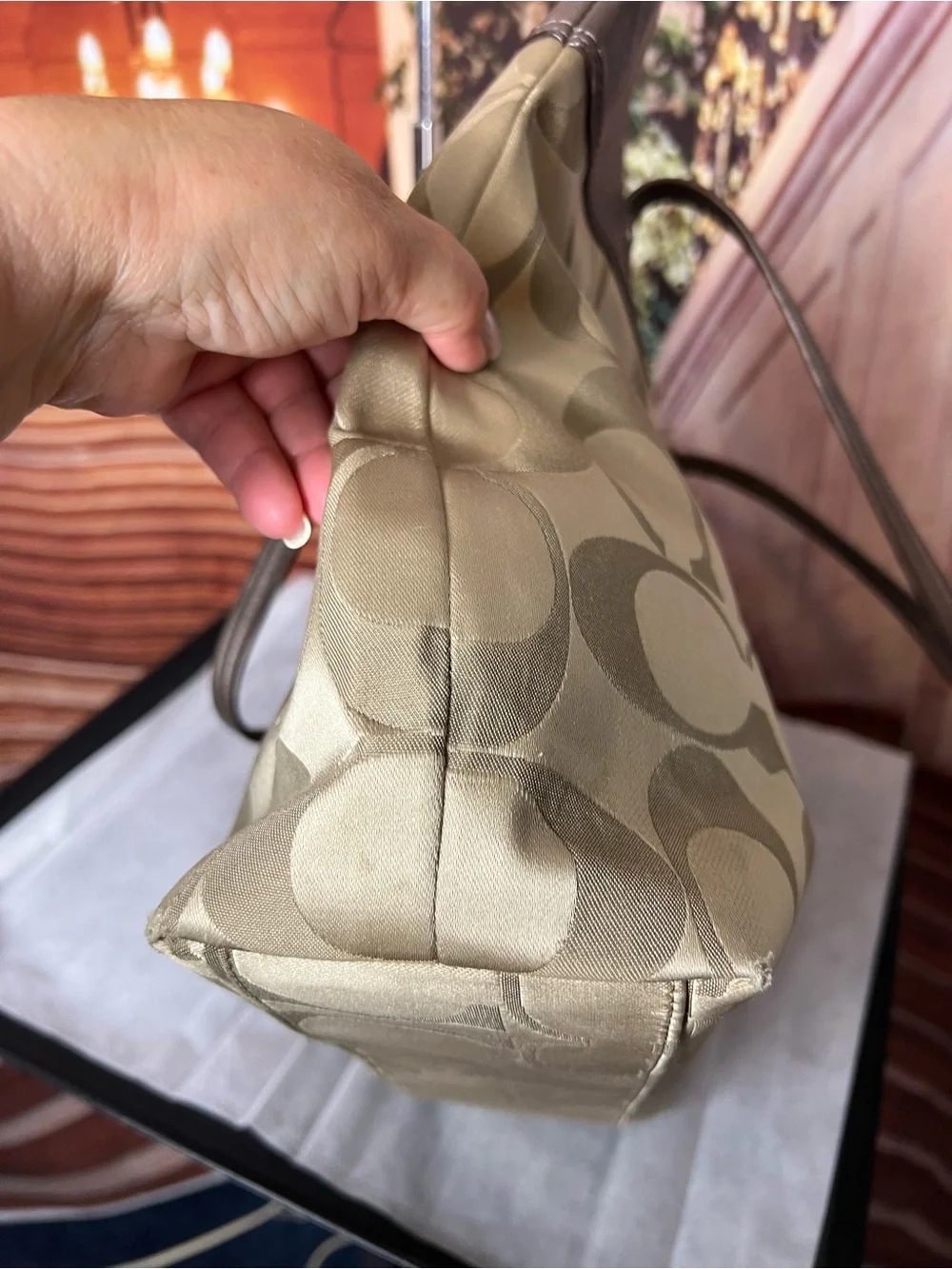 Coach Monogram Large Logo Tote Bag with Charms, Taupe Tan color